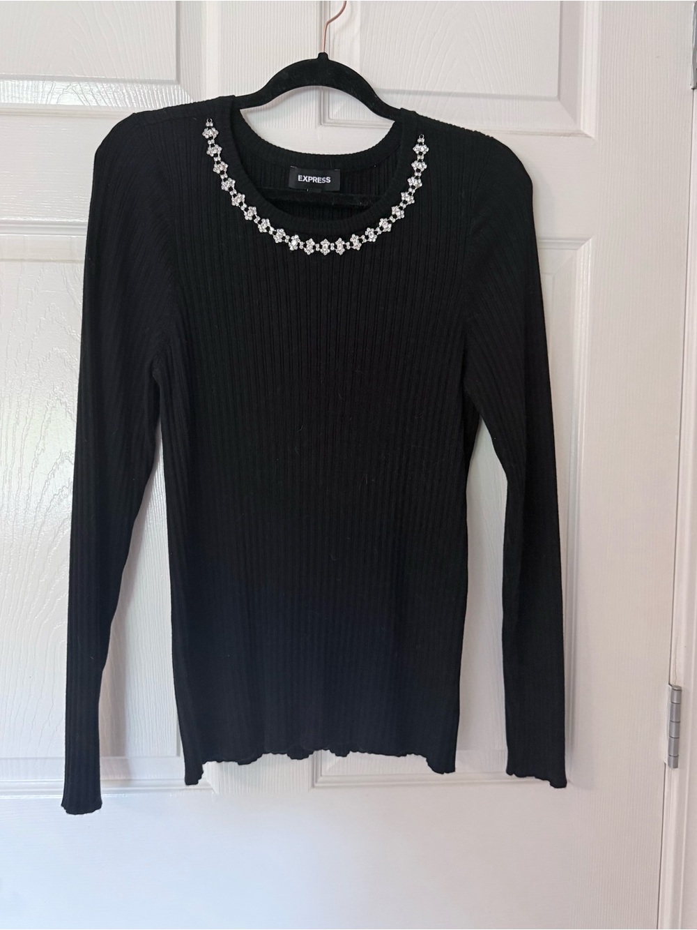 Express Black Ribbed Long-Sleeve Top w/ Jeweled Rhinestone Embellished Neckline